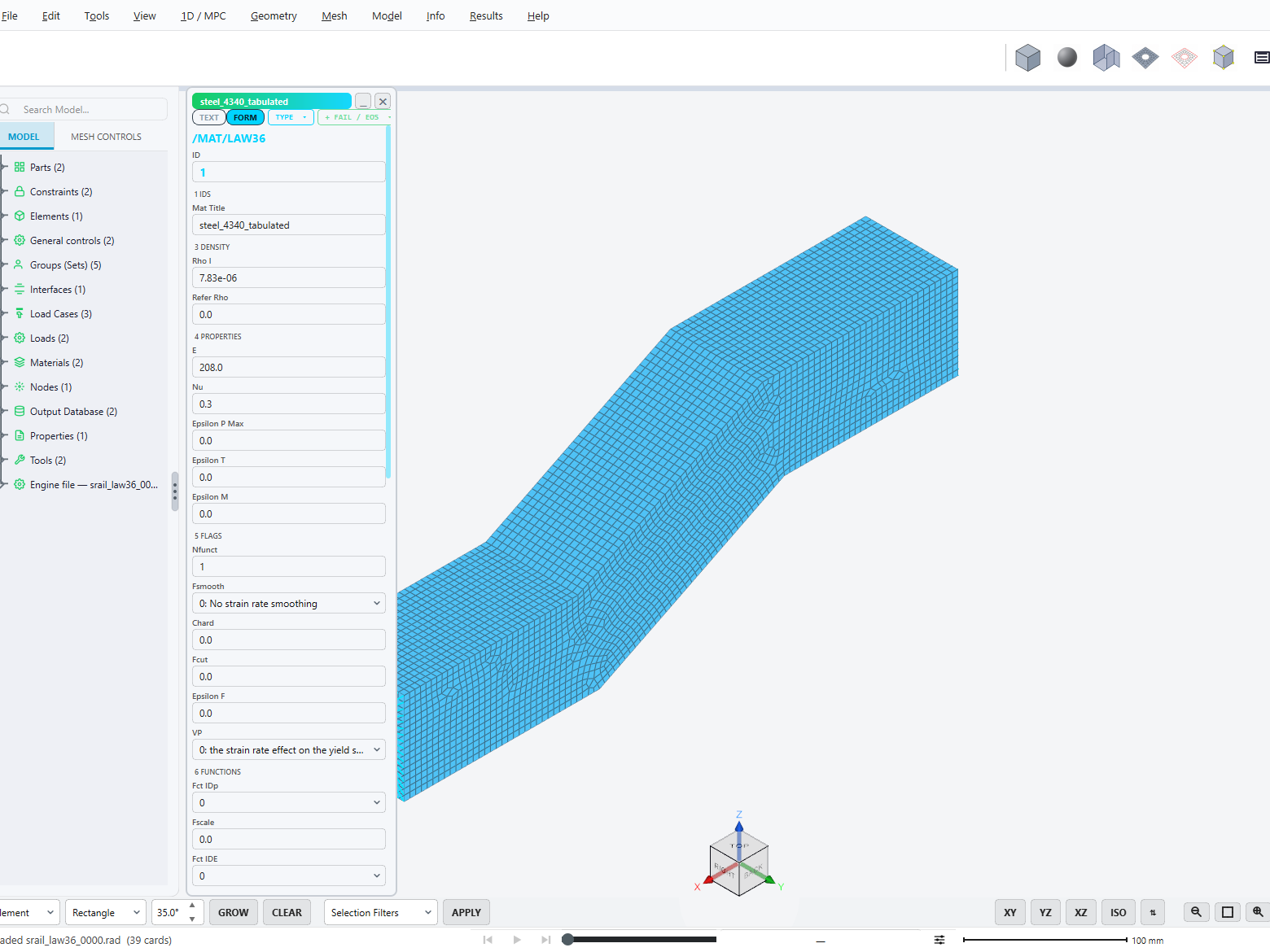 The /MAT/LAW36 material in the card editor: every field in a form, with its meaning.