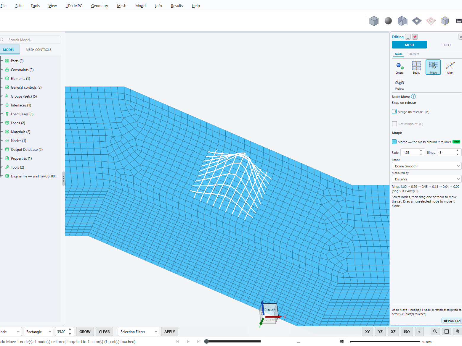 Morph: pull a dent into the rail and the mesh around it follows smoothly, ring by ring, so no element is torn.