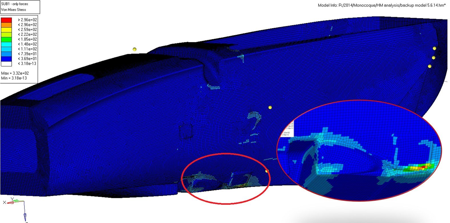 Monocoque structure: von Mises stress, with a close-up of the peak area